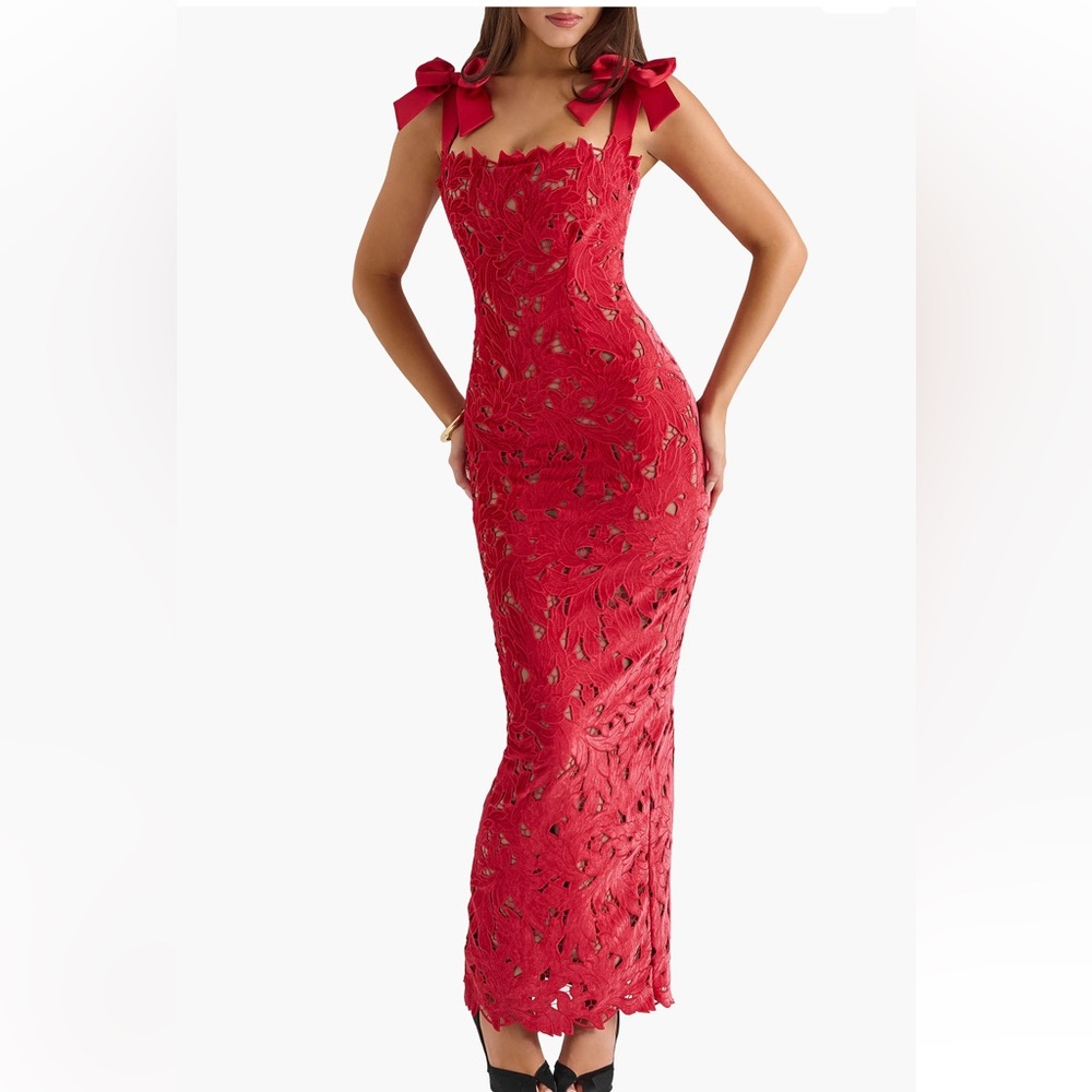 House of CB Red Lace Maxi Dress with Bow Straps